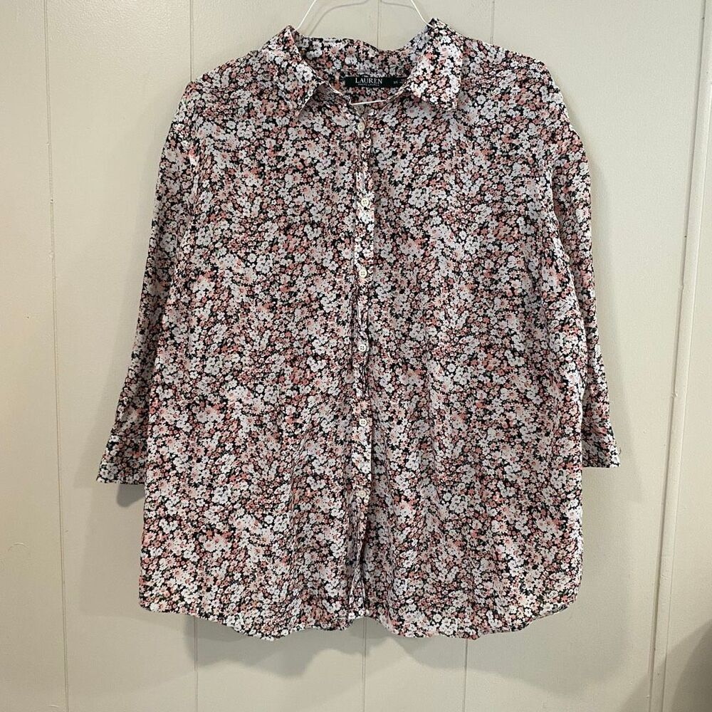Lauren Ralph Lauren Floral Button Down Blouse 3X Women’s Pink Black White Print